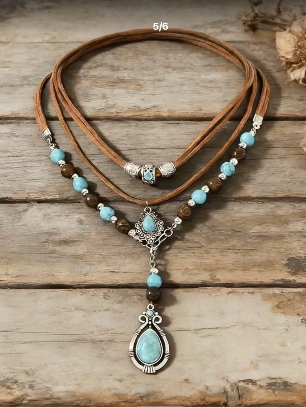 Boho Turquoise Layered Pendant Corded Necklace - Picture 2 of 4